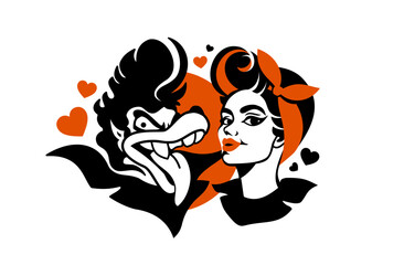 Big Bad Wolf and Red Riding Hood fictional characters on Valentine's Day, 50s, rock'n'roll people, lifestyle, classic rockabilly couple in love, vector cartoon illustration in black and red, tattoo 