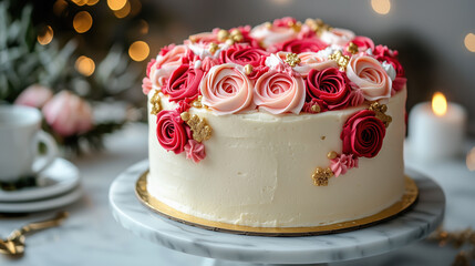 Fototapeta premium Elegant white cake decorated with red and pink rose frosting on marble stand in festive setting with soft lighting