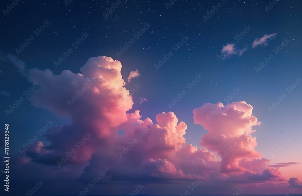 Poster pink clouds and stars glow in twilight sky. dramatic colors create beautiful skyscape. romantic clou