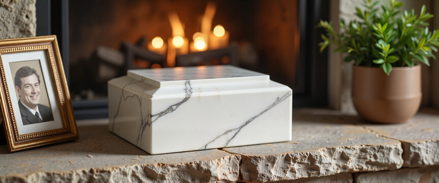 Urn for ashes on fireplace mantel with portrait