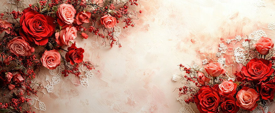 Romantic valentine's day card design with elegant red roses and lace for holiday celebrations and special occasions