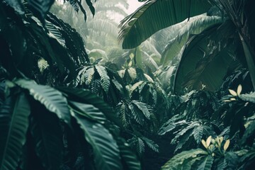 A dense jungle with numerous tall trees and lush vegetation