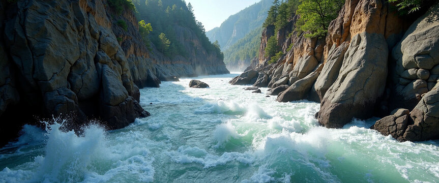 Raging river rapids with white frothy waves crashing against rugged rocks and steep banks, surrounded by lush green trees and towering mountains