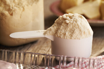 Whey protein powder in a white plastic measuring scoop