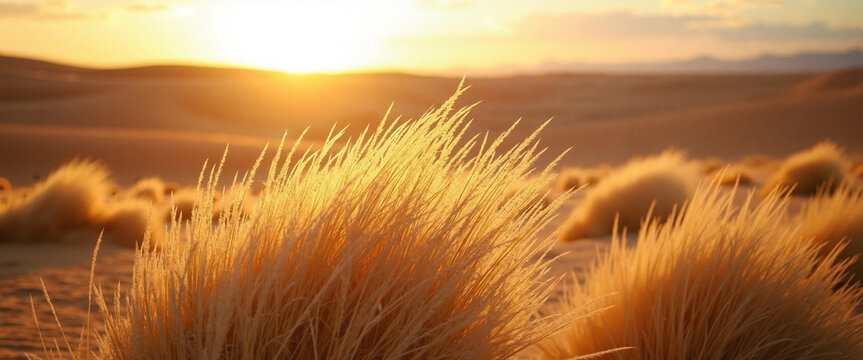 Windy Desert Landscape at Sunset with Silhouetted Grasses Bathed in Golden Light - Powered by Adobe