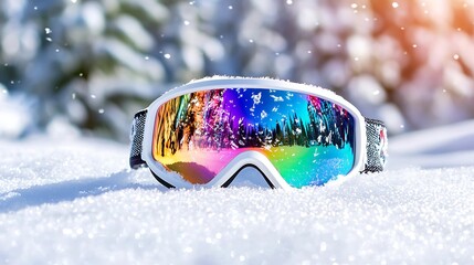 Ski goggles with rainbow reflection resting in fresh snow, snowy trees blurred in background.