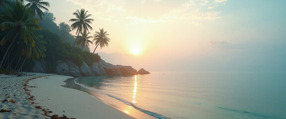 Isolated beach cove at sunrise with palm trees reflected in calm water creating a serene and tranquil atmosphere