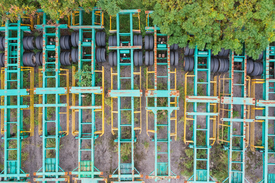Aerial View of Green and Yellow Trailer Chassis Lineup
