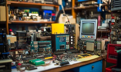 Assorted electronics and supplies used for various hobbyist pursuits, including circuitry, electronics design, and prototyping projects.