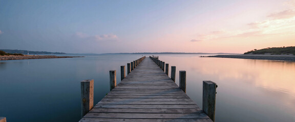 Obraz premium Tranquil wooden fishing pier extending into calm waters at sunset, reflecting warm hues of orange and pink with gentle ripples around
