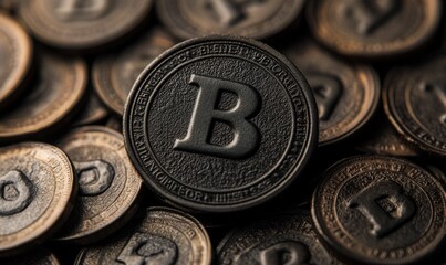 Black coin with the letter B on it. The coin is surrounded by other coins.