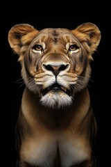 Fototapeta premium Close-up shot of a lion's face against a dark background