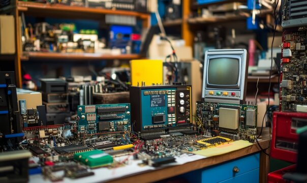 Assorted electronics and supplies used for various hobbyist pursuits, including circuitry, electronics design, and prototyping projects.