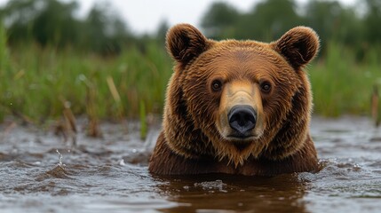 Wildlife image of a brown bear swimming in calm waters