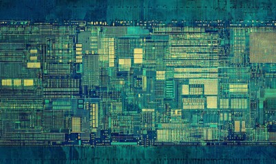Blue and green image of a circuit board with many small squares and lines.