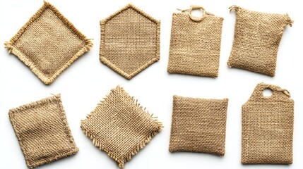 Fototapeta premium Jute cloth patches, labels with burlap fabric texture. Vector illustration of textile tags different shapes from brown canvas material with stitches isolated on white background