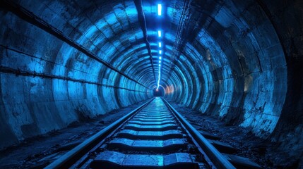 Obraz premium futuristic underground passage, dim blue lights illuminate the concrete walls, bordering an underground track, creating a futuristic ambiance