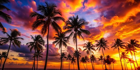 Stunning Tropical Sunset Silhouette: Palm Trees Against Vibrant Sky - Stock Photo