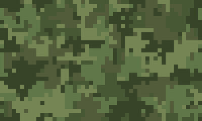 Abstract pixelated camouflage pattern in shades of green. Ideal for backgrounds, textiles, and military-themed designs.  Versatile and modern, this digital camo offers a unique texture.