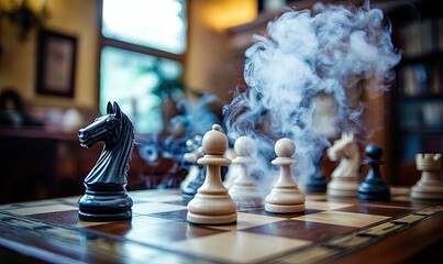 On a chessboard, a medieval battle unfolds with cavalry and infantry, representing business concepts, competition, and strategic thinking. The chess figures stand on a dark backdrop, enveloped in