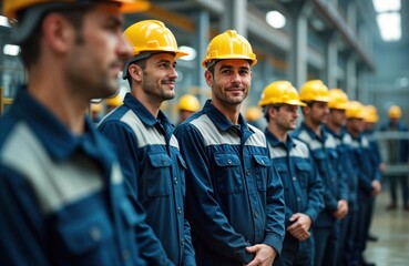 Fototapeta premium Industrial workers stand in line in factory. Wear safety equipment, uniform. Workers look attentive, pro in modern industrial setting. Factory workers look proud. Teamwork, safety culture emphasized.