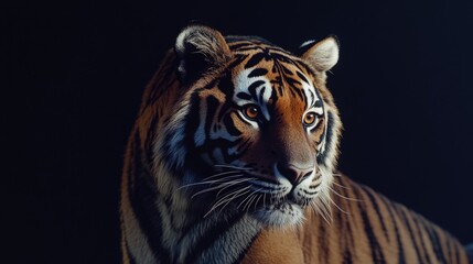 Fototapeta premium A close-up view of a tiger's head on a dark background