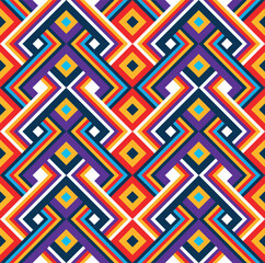 Pattern of zig zag lines on colorful tones and squares on purple, red, yellow and figures