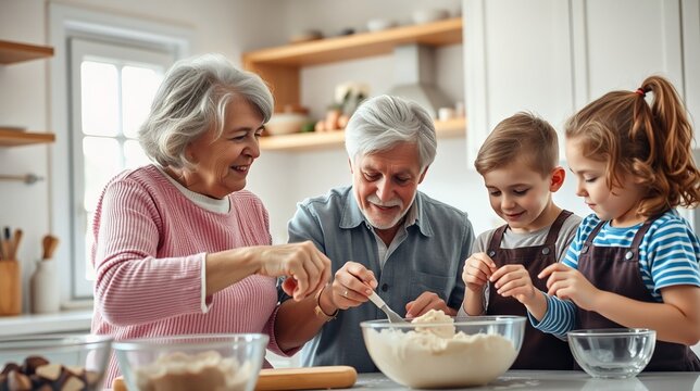 Grandparents and Grandchildren Baking Together in a Cozy Kitchen