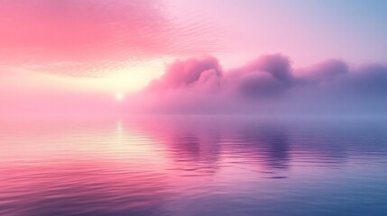 Pink Sunrise Over Calm Water With Misty Clouds