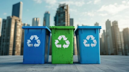 A trio of recycling bins set against an urban skyline, showcasing environmental consciousness and responsibility.