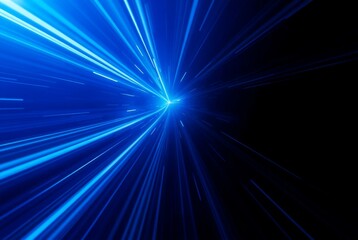 Dynamic Blue Light Rays Exploding from Center in Abstract Space