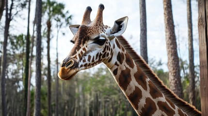 Obraz premium A close-up view of a giraffe roaming through a dense forest, with leaves and branches surrounding it