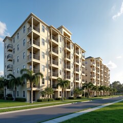 Modern condominium complex in St Augustine Florida 2019. Light beige colored building with balconies. Palm trees line street. Residential development in Florida city. New construction. Luxury
