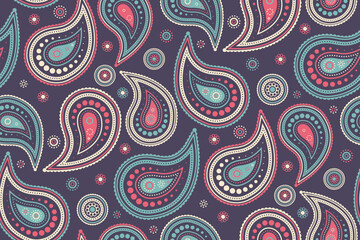 Vibrant paisley pattern in teal, coral, and cream on a deep purple background.  Perfect for textile design, wallpaper, or fashion projects.  Adds a touch of bohemian elegance to any design.