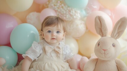 Fototapeta premium Close-up of a cute baby with giant stuffed bunny. Easter themed baby portrait.