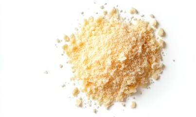 Parmesan cheese grated isolated on white, top view\