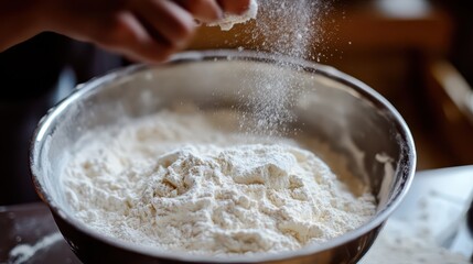 Close-up of flour being sprinkled into a metal bowl for baking preparation