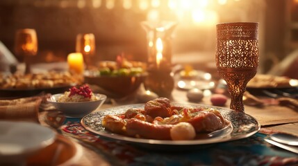 Naklejka premium Elegant middle eastern dining table setup with candlelight