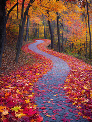 Naklejka premium Winding path through autumn forest with red leaves.