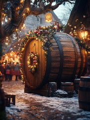 Festive Christmas market scene with decorated wooden barrel.