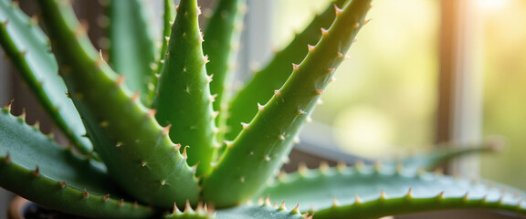 Fototapeta premium Aloe Vera Plant Close-Up with Lush Green Leaves Highlighting Natural Beauty and Texture in a Bright Indoor Setting
