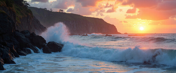 Naklejka premium Coastal Bluffs at Sunset with Dramatic Waves Crashing Against the Rocks in Vibrant Colors and a Calming Atmosphere