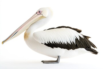 A pelican standing on a white surface, possibly in a laboratory or on a table