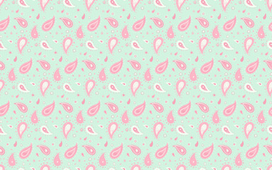 Delightful pastel pink and mint green paisley pattern. Perfect for textile design, wallpaper, packaging, and feminine branding.  Subtle, charming, and versatile design.