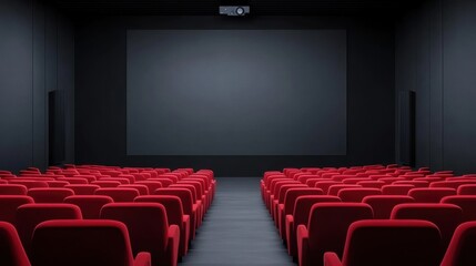 Fototapeta premium Empty Movie Theater with Red Chairs and Dark Screen in a Modern Cinema Environment