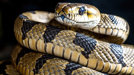 A close-up shot of a snake's head on a dark background, ideal for use in illustrations or designs requiring reptilian features