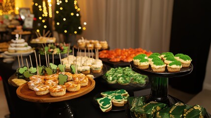 Naklejka premium Festive dessert table with themed cupcakes and pastries at a celebration