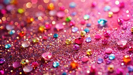 Sparkling pink glitter background with scattered colorful rhinestones and a few metallic sequins , rhinestones, sparkly
