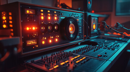 Retro audio mixing console with reel-to-reel tape recorder in a dimly lit studio.