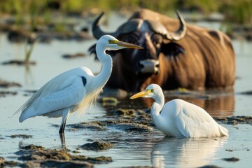 Obraz premium Two white birds standing next to a cow in shallow water